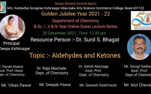 On the occasion of golden jubilee year of the college, a guest lecture series was organized by the Department of Chemistry, for B. Sc. Students. The guest lecture held on 20 December, 2021. The resource person of the event was Dr. Sunil S. Bhagat