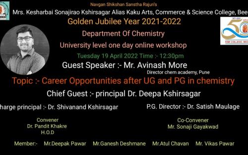 Department of chemistry organized online guest lecture for UG and PG students on Career opportunities after UG and PG in chemistry held on 19 April 2022