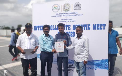 INTER COLLEGES SWIMMING TOURNAMENT UNIVERSITY II nd place 50 &100 MET. FRESTILE VIBHAV SANAP WITH UNIVERSITY SPORT  DIRECTOR DR.D.K.KAMBLE& UNIVERSITY COCHE2019\20